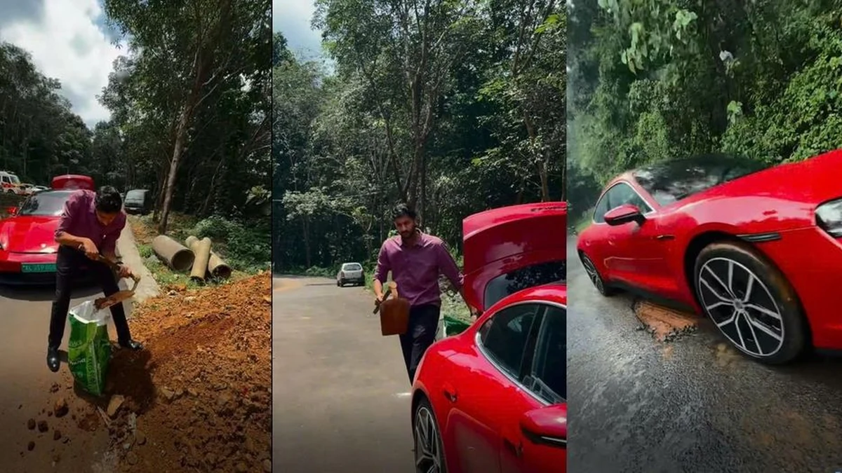 Porsche Taycan tự sửa ổ gà trên đường Ấn Độ: Bác sĩ lái xe làm điều bất ngờ - Hình 1