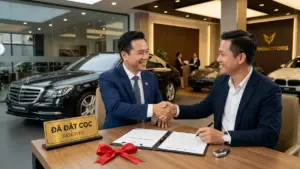 Khách hàng ký hợp đồng đặt cọc xe ô tô với biển Đã Đặt Cọc tại showroom