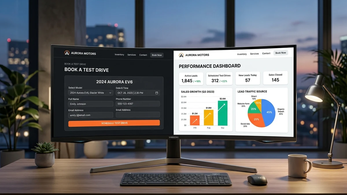 Thiết kế website showroom ô tô chuẩn SEO – Tối ưu chuyển đổi khách hàng 4 Hệ thống form đăng ký lái thử xe và dashboard theo dõi chuyển đổi khách hàng